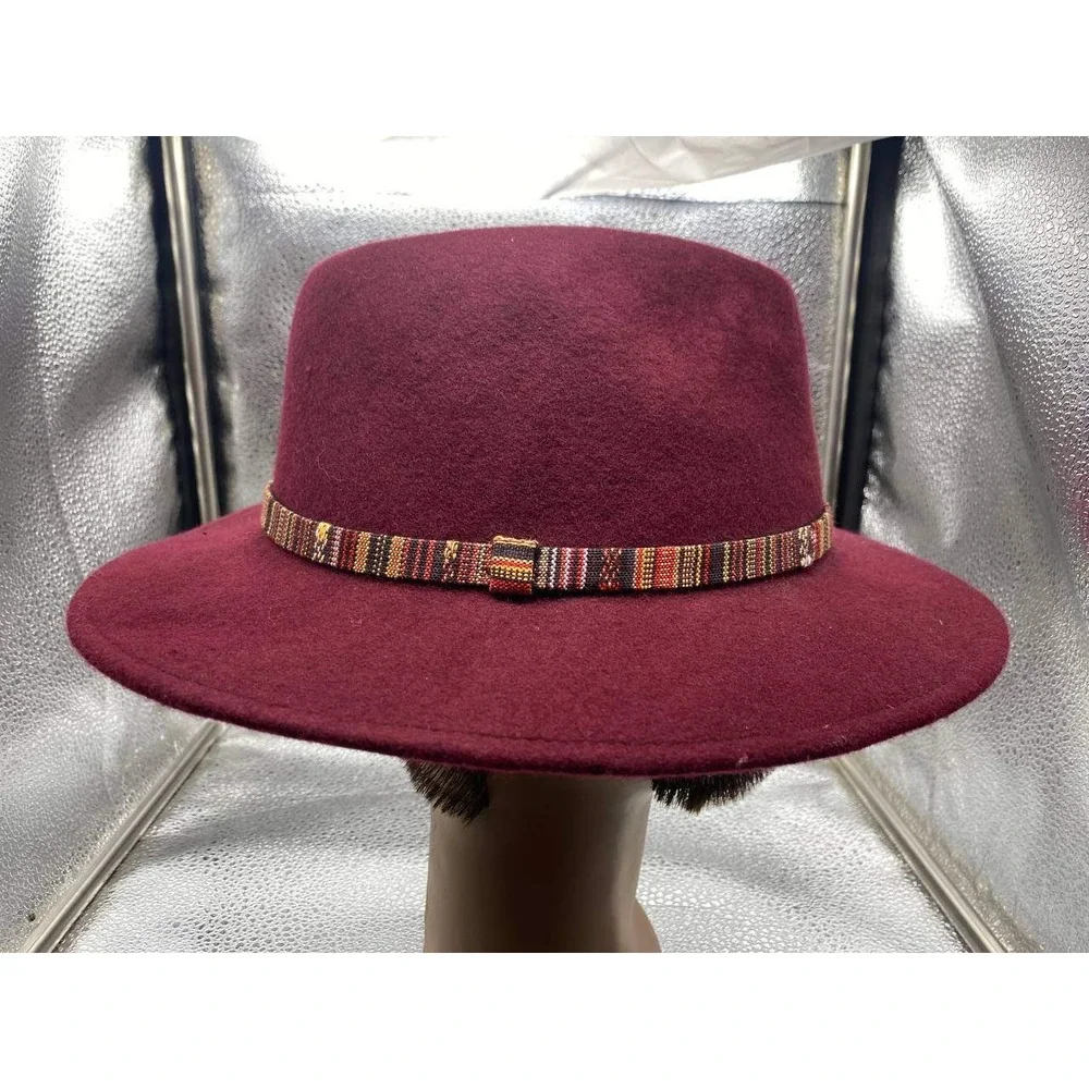 Unbranded‎ Fedora Women OS Burgundy Wool Felt Wide Brim Tribal Band Boho Western